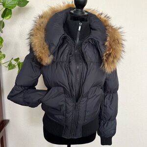 BCBGMaxAzria Black Puffer Jacket with Fur Hood